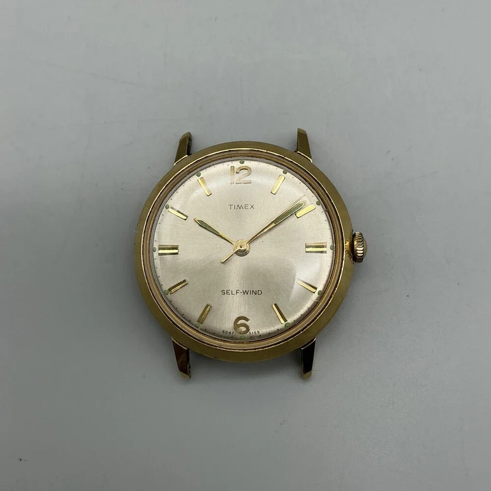 Vintage Timex Self-Wind Mens Watch 34mm Silver Gold Tone For Parts Not Running